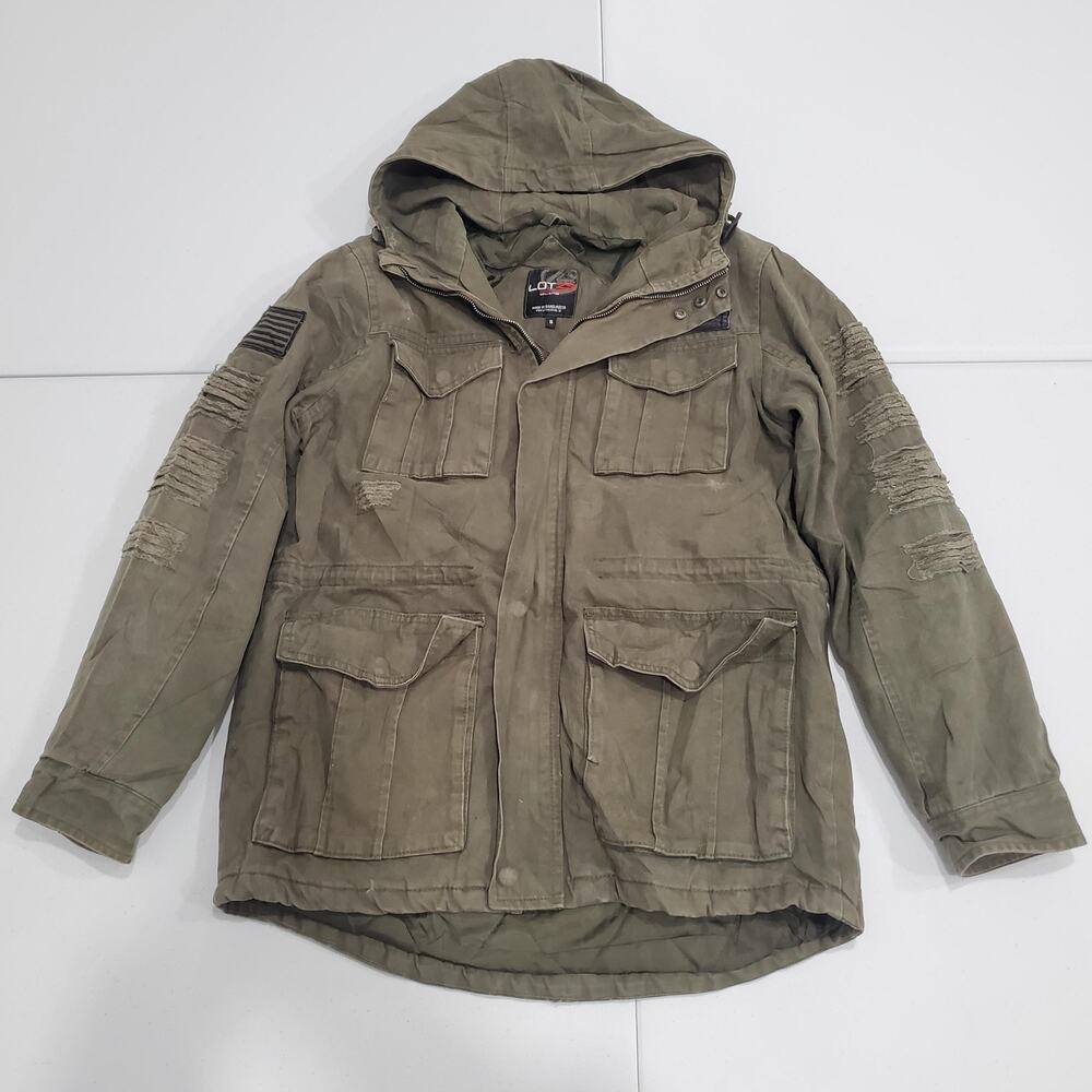 Y2K Lot 29 Hooded Field Jacket Mens Small Olive Green Canvas Coat Distressed